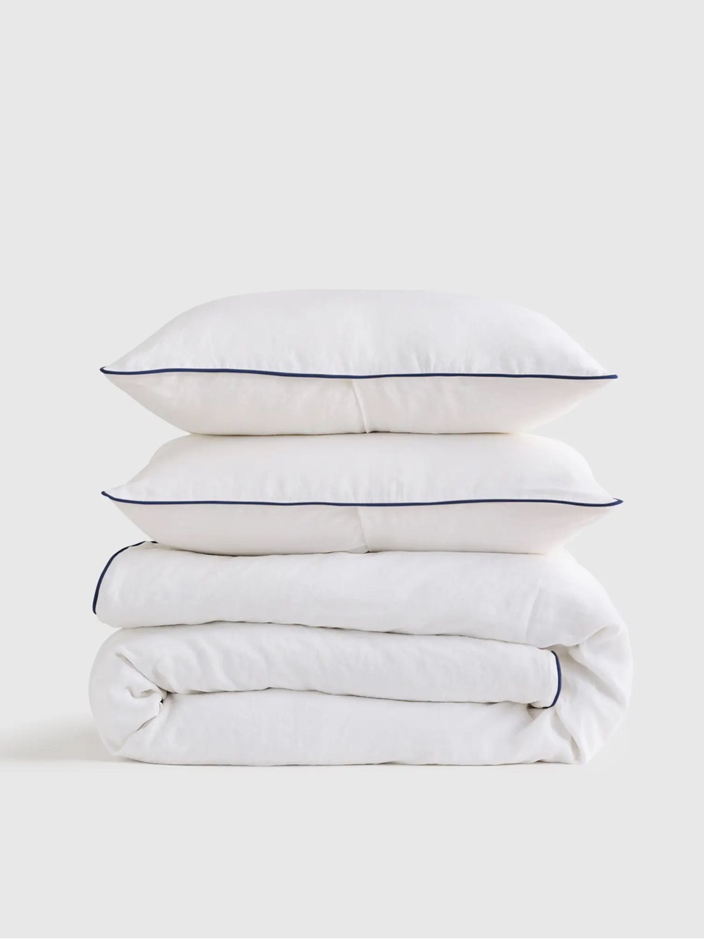 New TWIN Quince European Linen Piped Duvet Cover Set white/navy $145 LAST SET